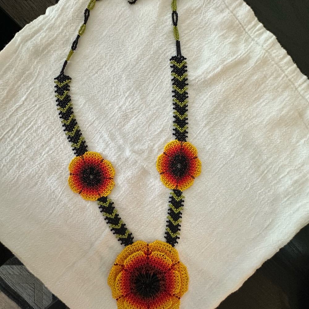 Yellow and Black Floral Necklace with Beaded Accents